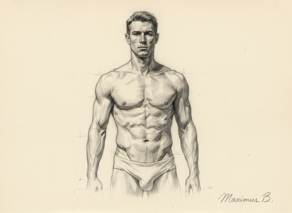 Ribcage Structure in Male Figure Drawing (Graphite) Ribcage structure in male figure drawing — classical graphite atelier full-body study on warm off-white paper with visible construction lines by Maximus B.