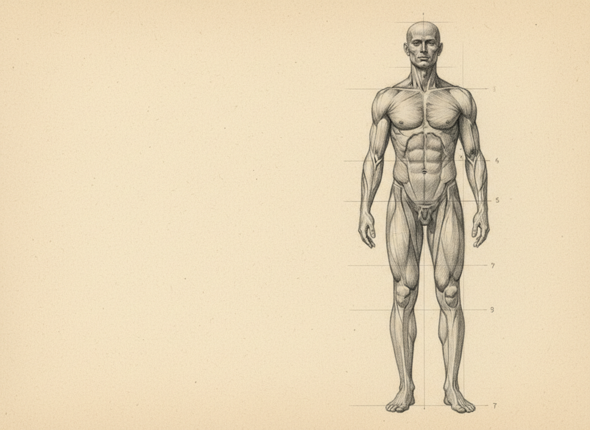 Classical graphite pencil anatomical proportion study — full male figure with head-count division lines by Maximus B.
