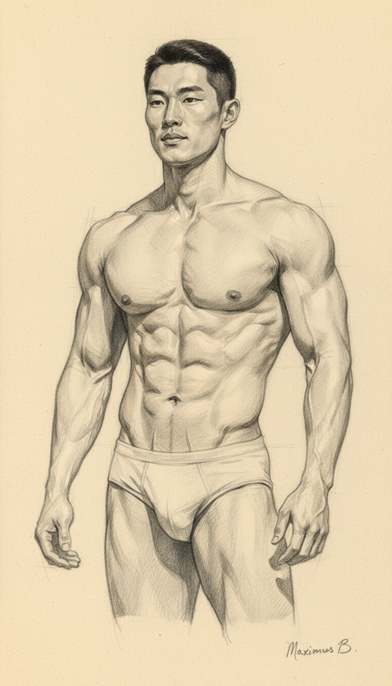 East Asian male figure — lean anatomy graphite pencil study by Maximus B.