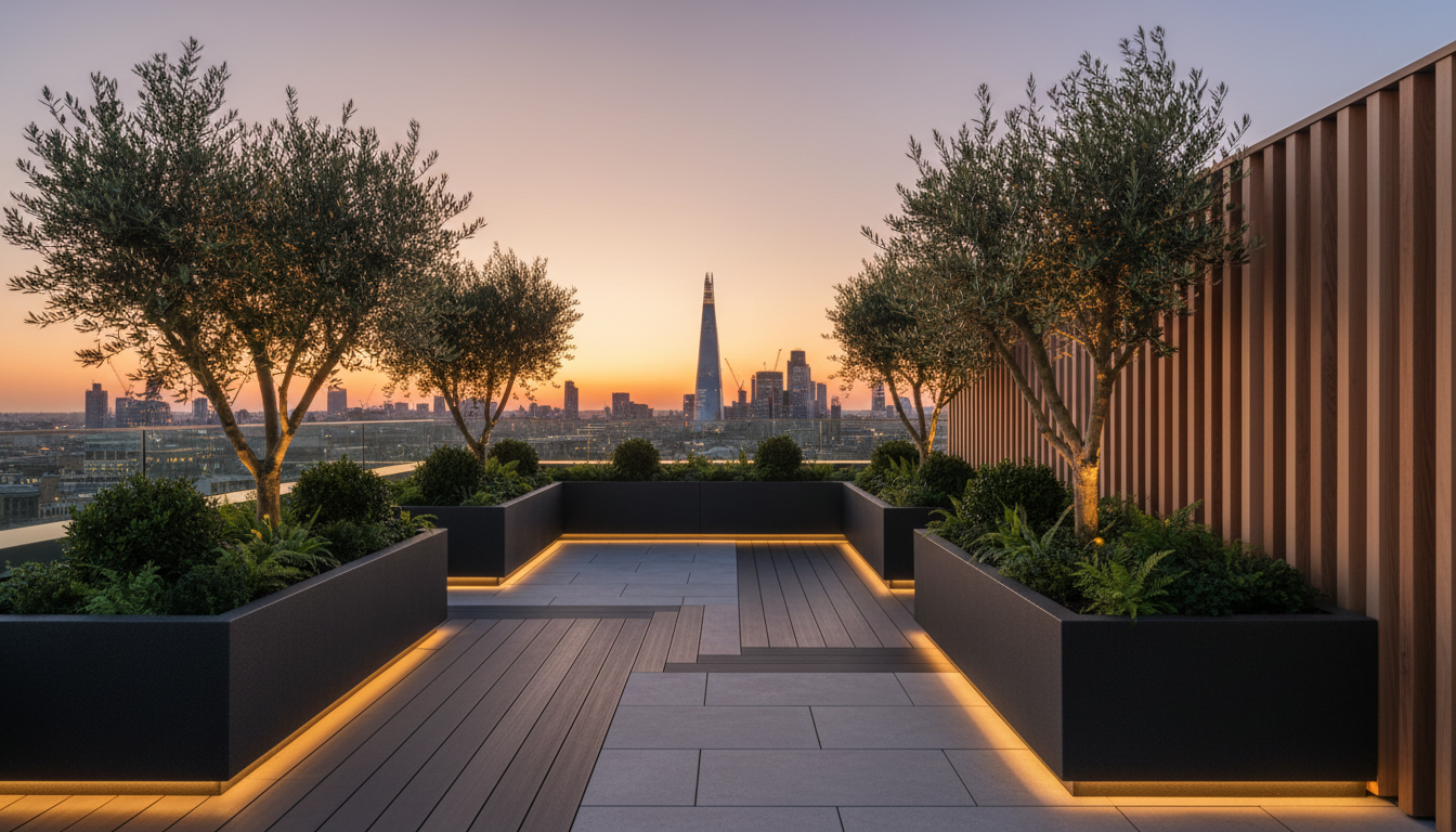 Premium roof terrace design and construction in London — composite decking, contemporary planters, cedar screens and warm LED lighting by Wicked Gardens LTD