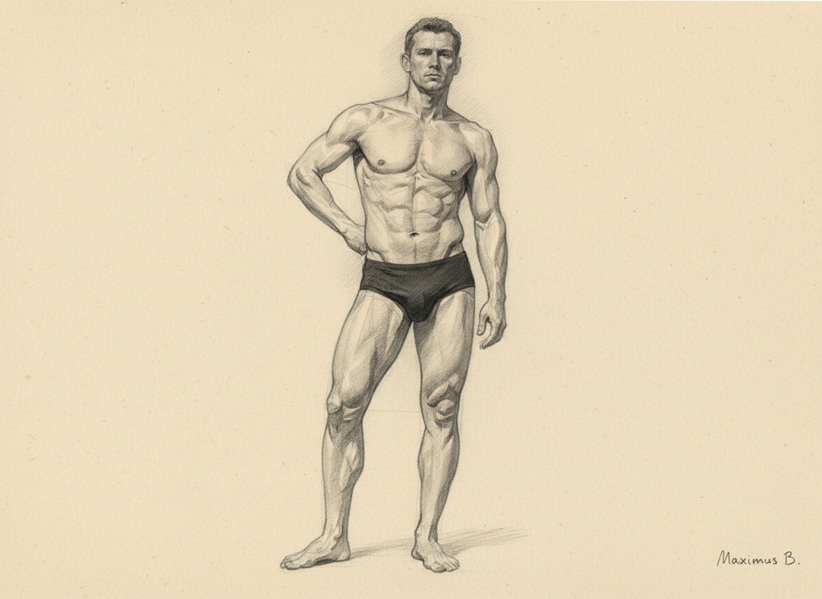 Torso twist and rotation study B — seated full-body graphite atelier figure drawing on warm off-white paper with visible construction lines and Maximus B. signature.