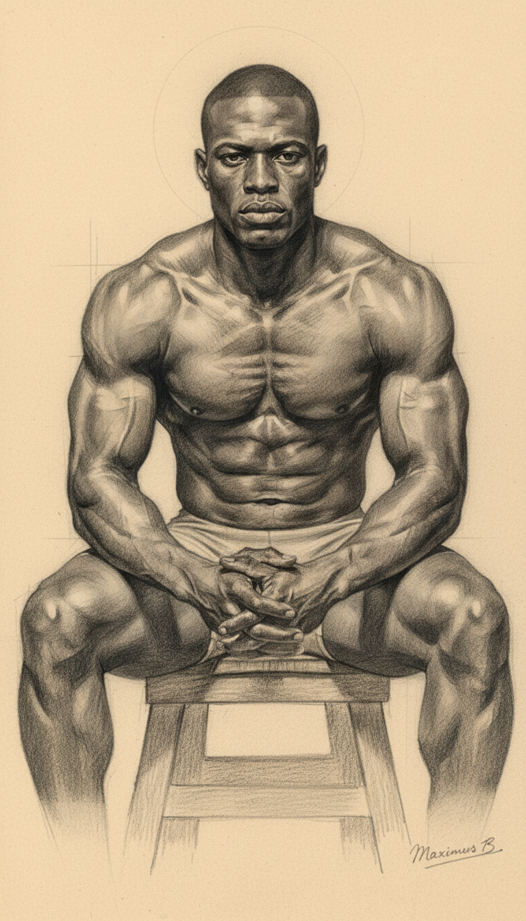 Bold powerful seated Black male figure leaning forward on stool — shaved head, strong square jaw, thick neck, broad powerful shoulders, dramatic Rembrandt lighting, classical graphite pencil figure study by Maximus B.