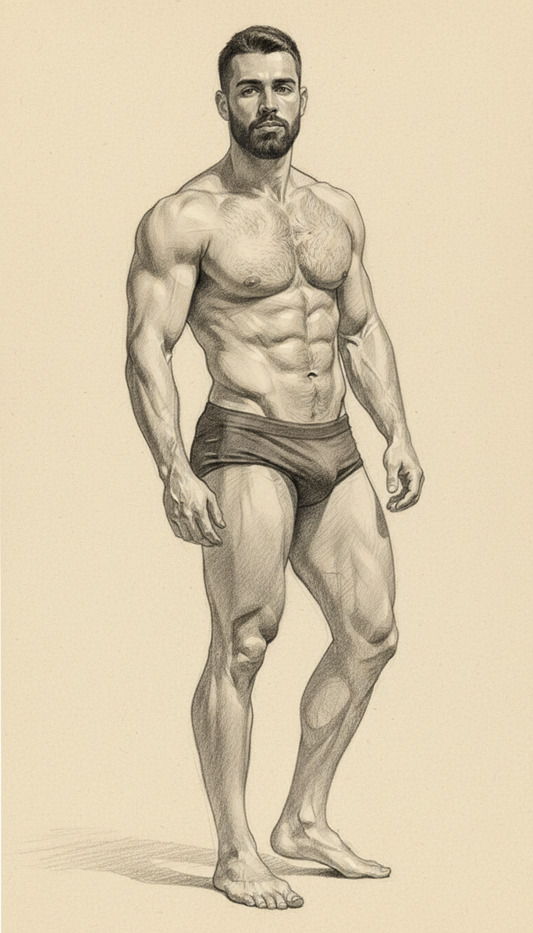 Athletic male figure walking in briefs — full body graphite pencil drawing showing leg muscles and dynamic weight shift, classical figure drawing by Maximus B. | Male figure drawing | Graphite art UK