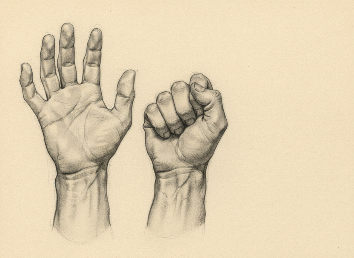 Classical graphite pencil study of male hands — two hands in different positions showing tendon landmarks, knuckle structure, and finger joints on warm cream paper by Maximus B.