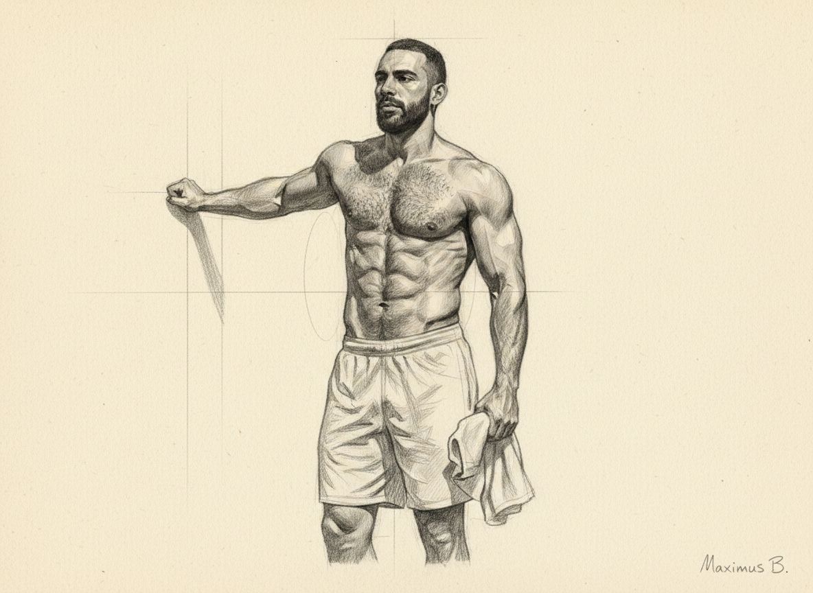 Shirtless male figure in shorts holding towel with arm extended — full dark beard, muscular build with natural chest hair, construction lines visible, classical graphite pencil figure drawing on warm cream paper by Maximus B. | Male figure drawing | Graphite pencil art