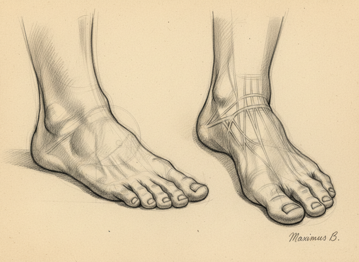 Classical graphite pencil anatomical study of male feet showing arch structure, ankle bones, and toe anatomy by Maximus B.