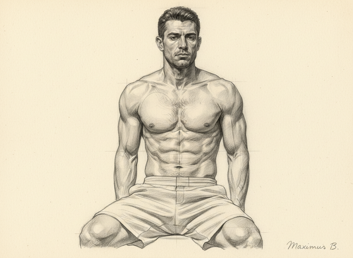 Supporting visual study B: ribcage structure in male figure drawing  full-body graphite seated twist study with visible construction lines by Maximus B.