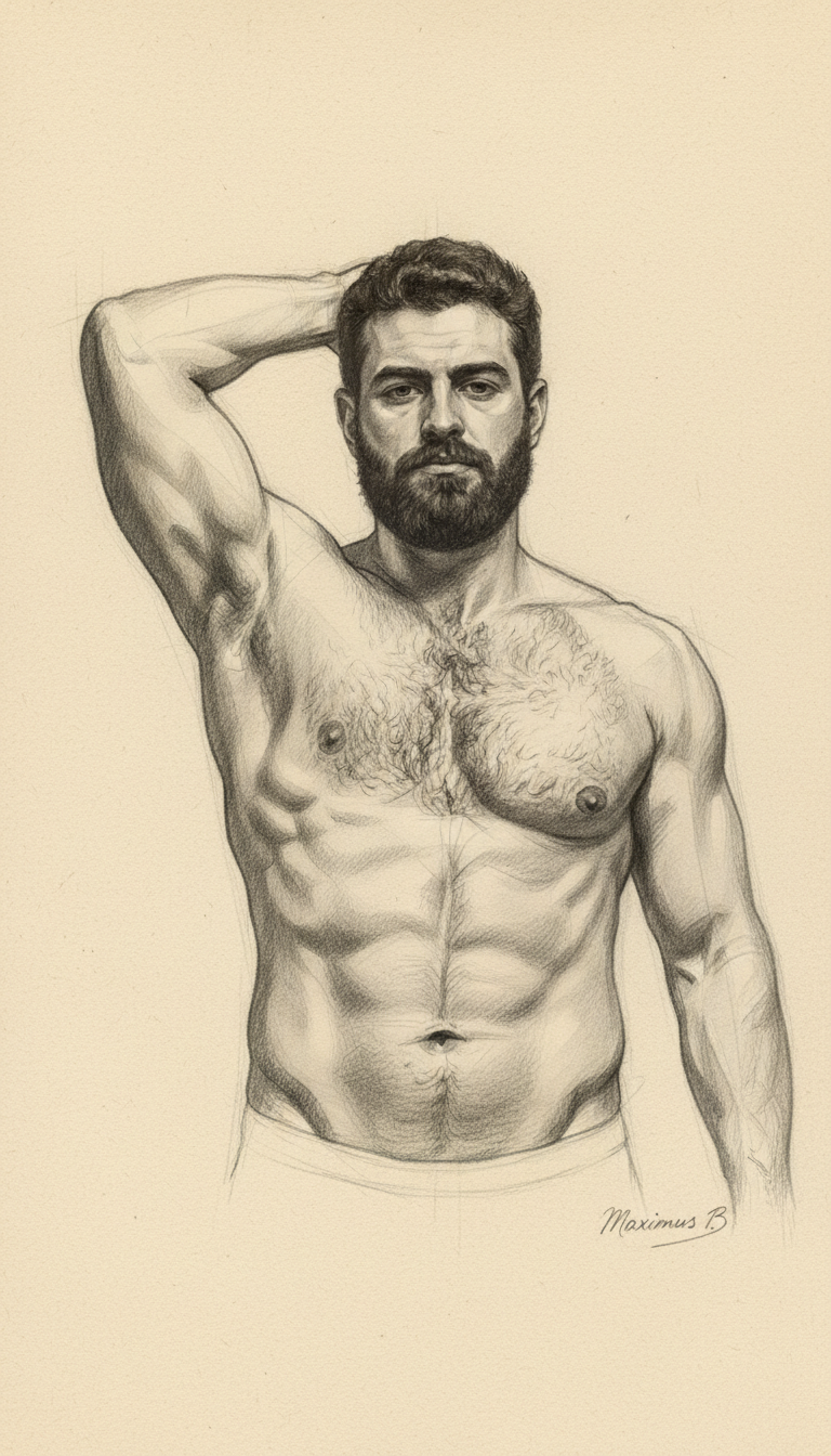 Standing male figure arm raised overhead — stocky Mediterranean model with thick dark beard, shoulder anatomy study, graphite pencil drawing by Maximus B. | Male figure drawing UK
