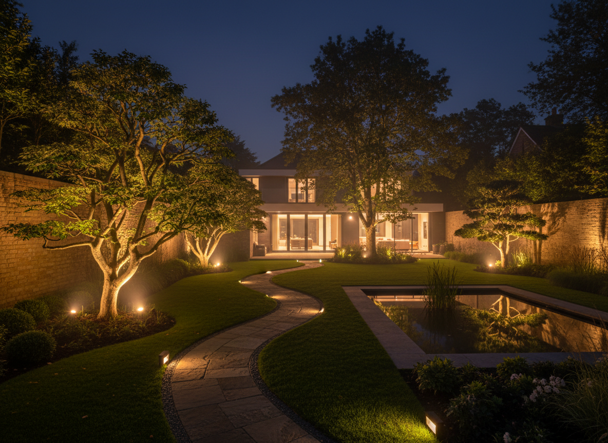 Dramatic garden lighting at night — warm LED uplighting on specimen trees by Wicked Gardens LTD South East London