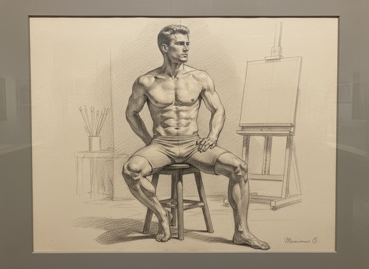 Supporting visual study B: pelvis and weight in figure drawing  seated full-body graphite study showing weight distribution through the pelvis by Maximus B.