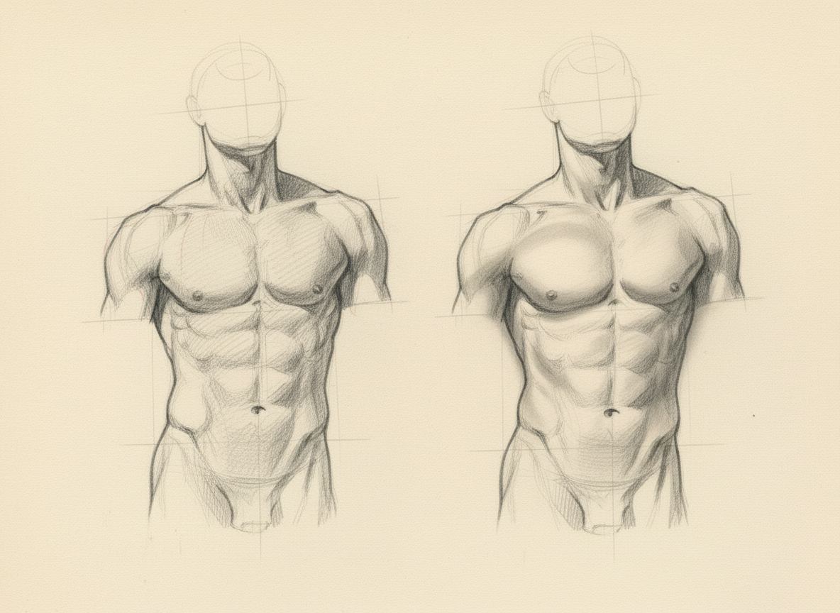 Close-up graphite pencil shading technique demonstration on male torso — showing cross-hatching, smooth blending, and tonal gradation with multiple pencil grades by Maximus B.