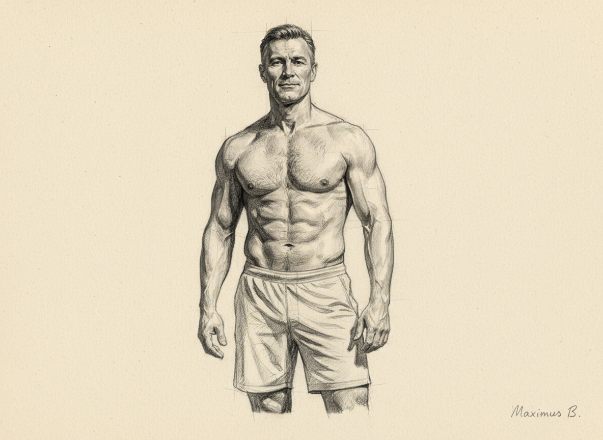 Supporting visual study A: natural asymmetry in male figure drawing — full-body graphite study with visible construction lines by Maximus B.