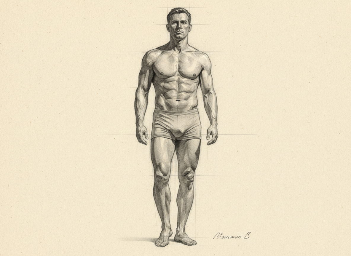 Supporting visual study A: pelvis and weight in figure drawing  standing contrapposto full-body graphite study by Maximus B.