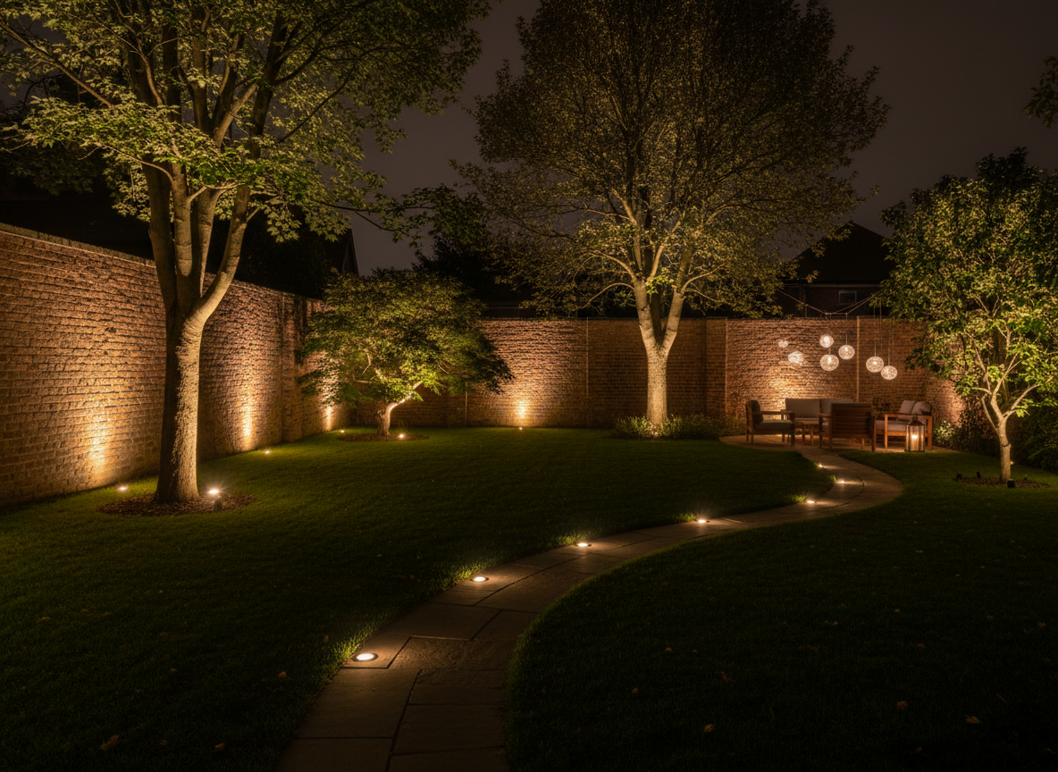 Professional garden lighting installation in Dulwich SE21 — dramatic LED uplighting on 6 mature specimen trees, recessed brass step lights, wall wash effects on period brick and smart controls by Wicked Gardens LTD