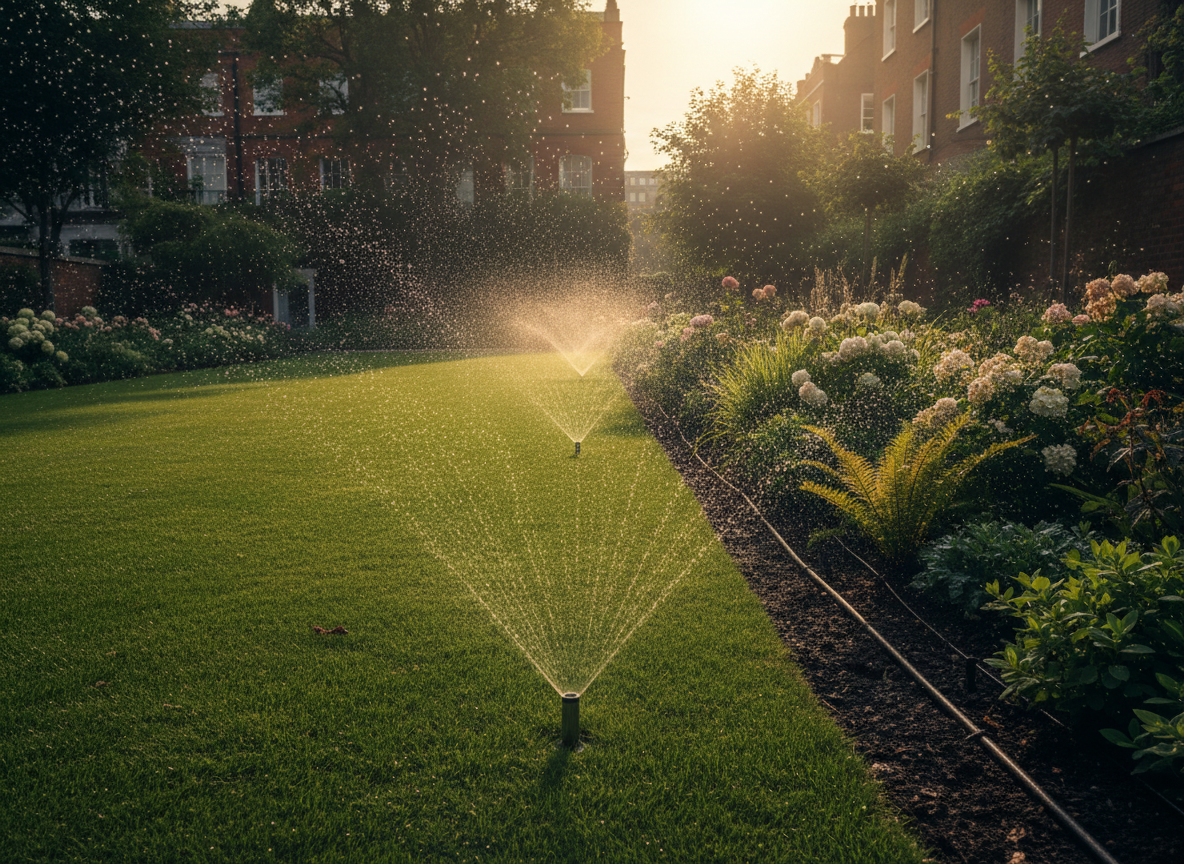 Professional garden irrigation system — pop-up sprinklers watering lush lawn by Wicked Gardens LTD South East London