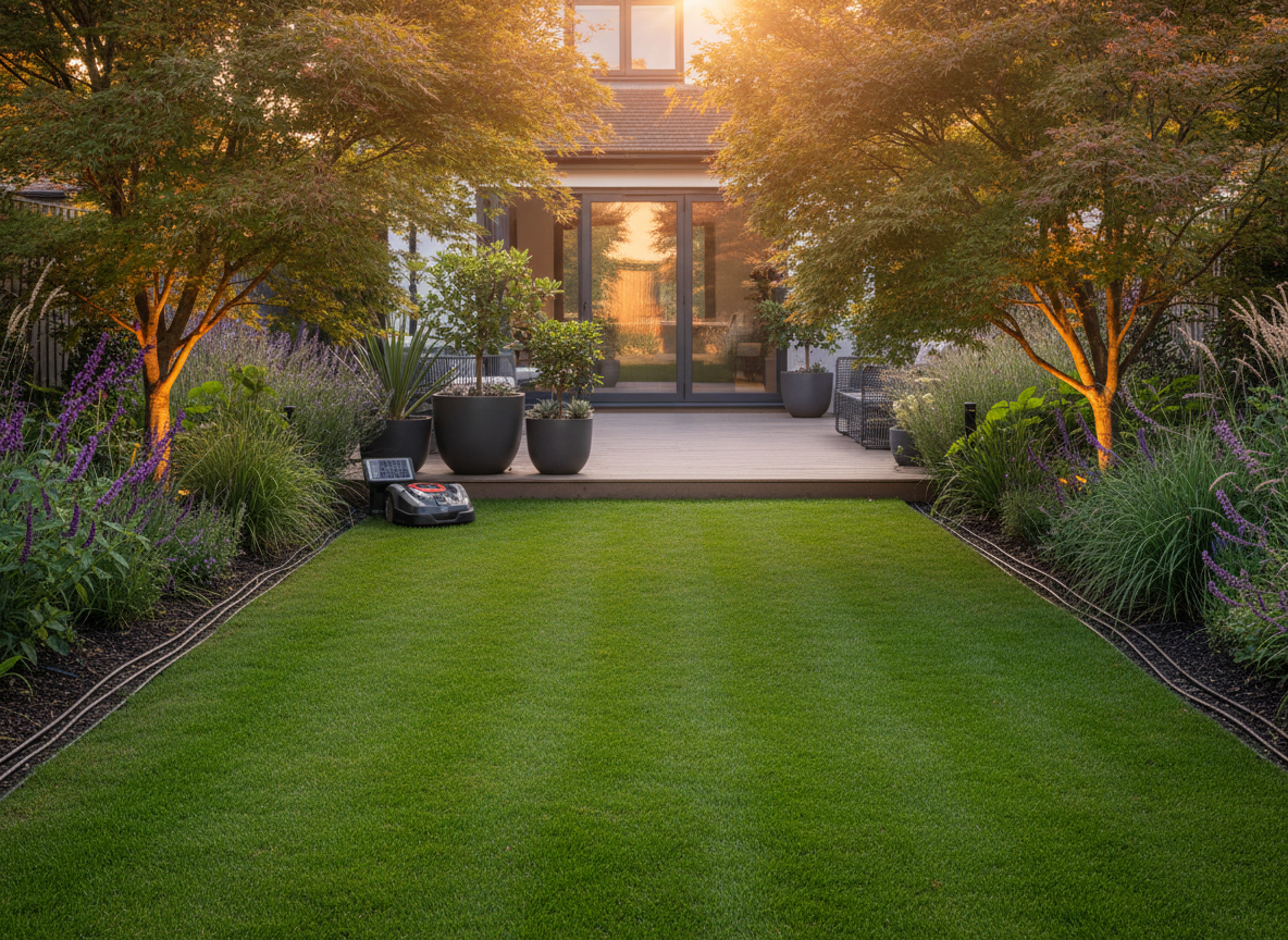 Smart automated garden installation in Nunhead SE15 — robotic lawn mower on pristine lawn, smart irrigation system, automated LED lighting and structured planting by Wicked Gardens LTD