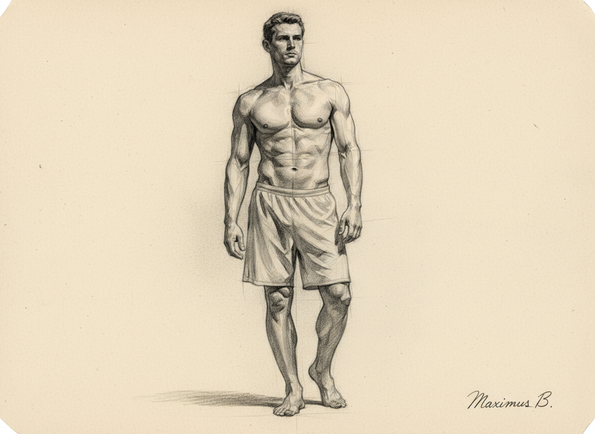 Supporting visual study B: graphite stroke direction and anatomy  full-body figure study with shorts, visible construction lines, and directional cross-hatching by Maximus B.