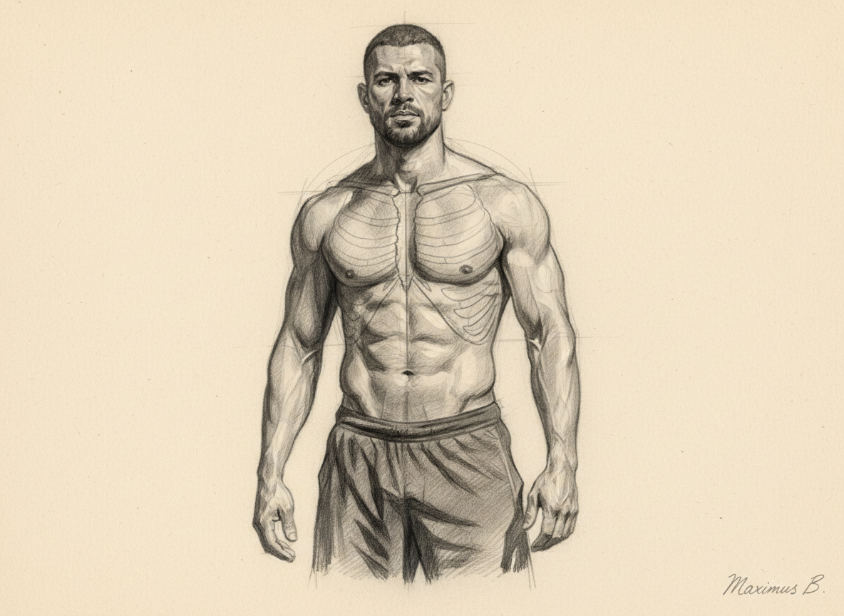 Supporting visual study A: ribcage structure in male figure drawing  full-body graphite study by Maximus B.