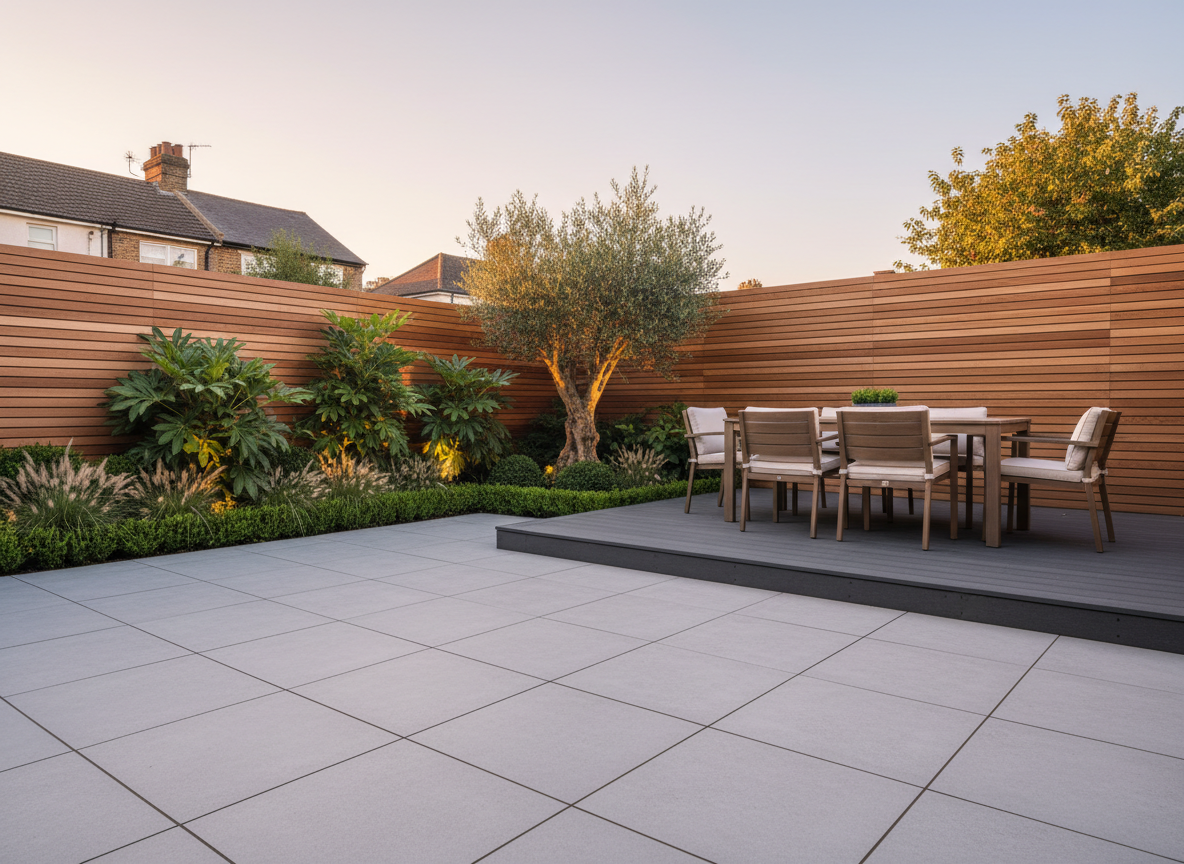 Modern garden design in Greenwich SE10 — large-format porcelain paving, composite decking, structured evergreen planting with olive tree and LED uplighting by Wicked Gardens LTD