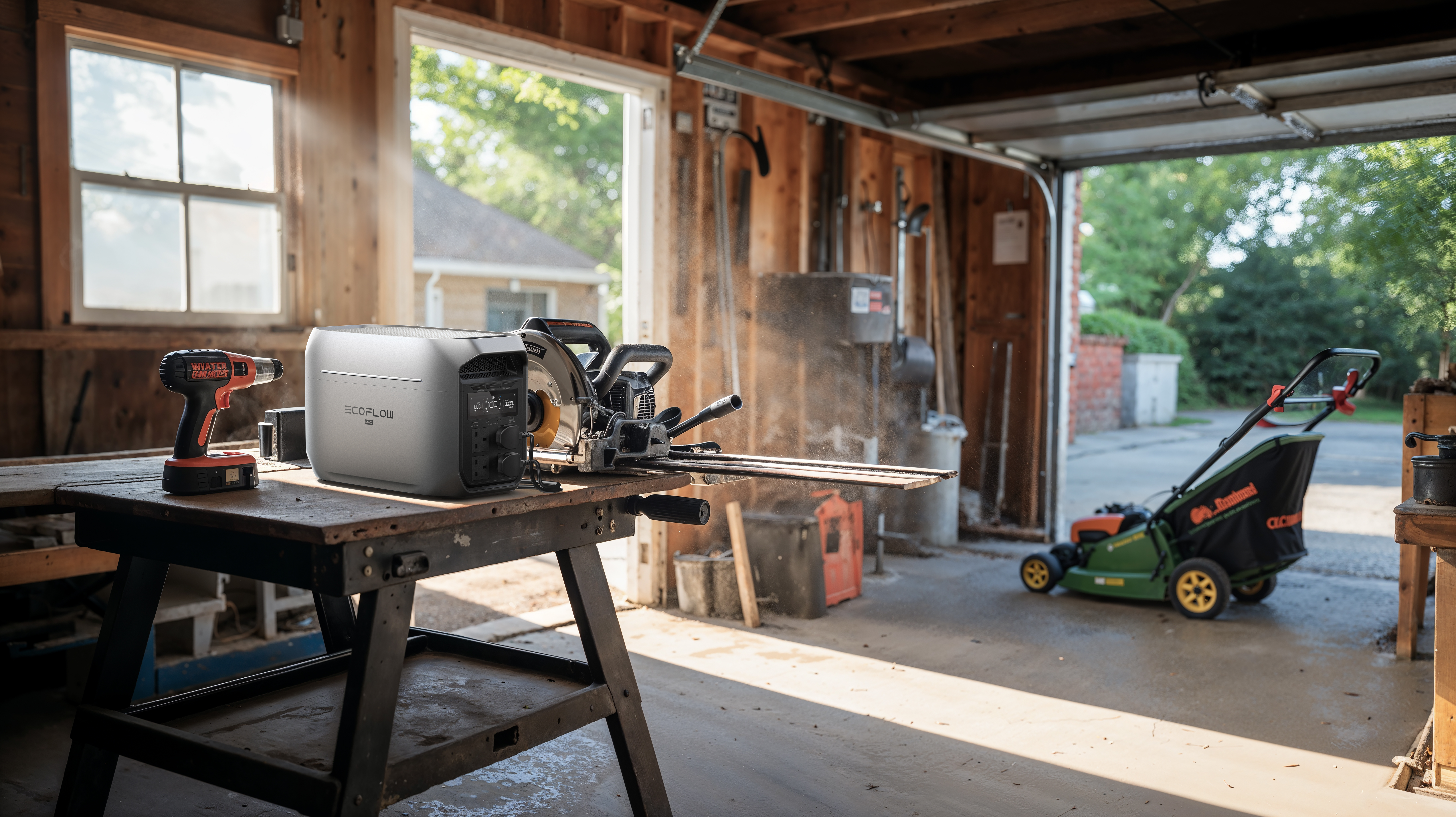 EcoFlow portable power station powering equipment in a workshop