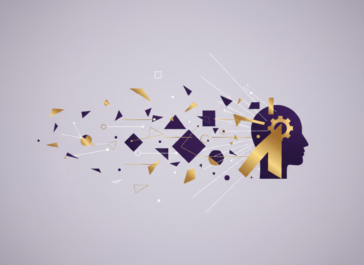 Abstract illustration of fragmented focus and context switching in deep purple and gold tones
