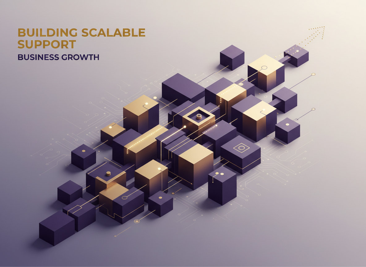 Abstract illustration of building blocks and scalable growth systems in purple and gold tones