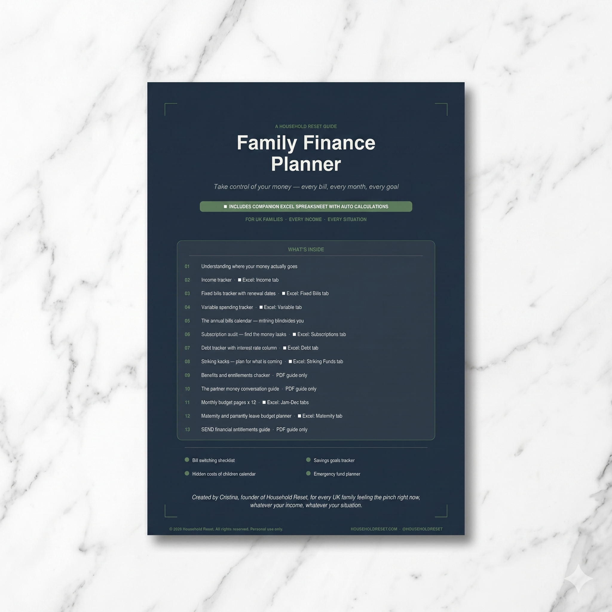 Family Finance Planner by Household Reset - cover page showing what is inside