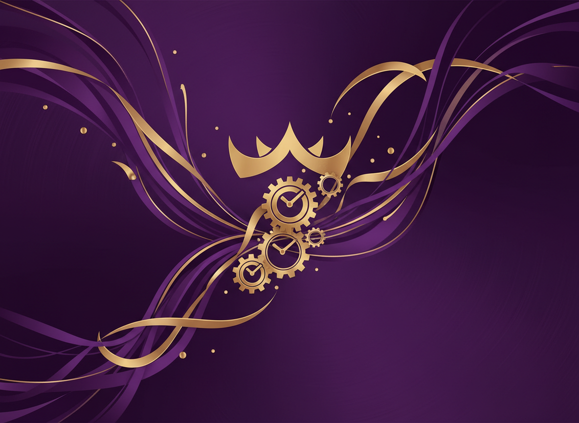 Abstract illustration of time recovery and financial services leadership in purple and gold tones