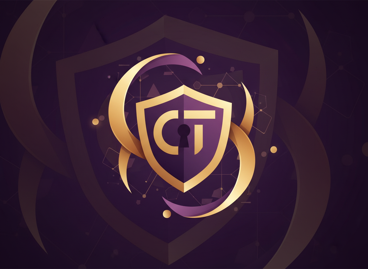 Abstract shield and lock motif representing confidentiality and trust in business, in deep purple and gold tones