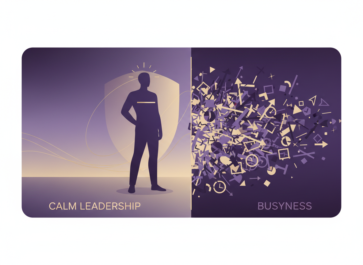 Abstract illustration of calm, effective leadership versus busyness in purple and gold tones