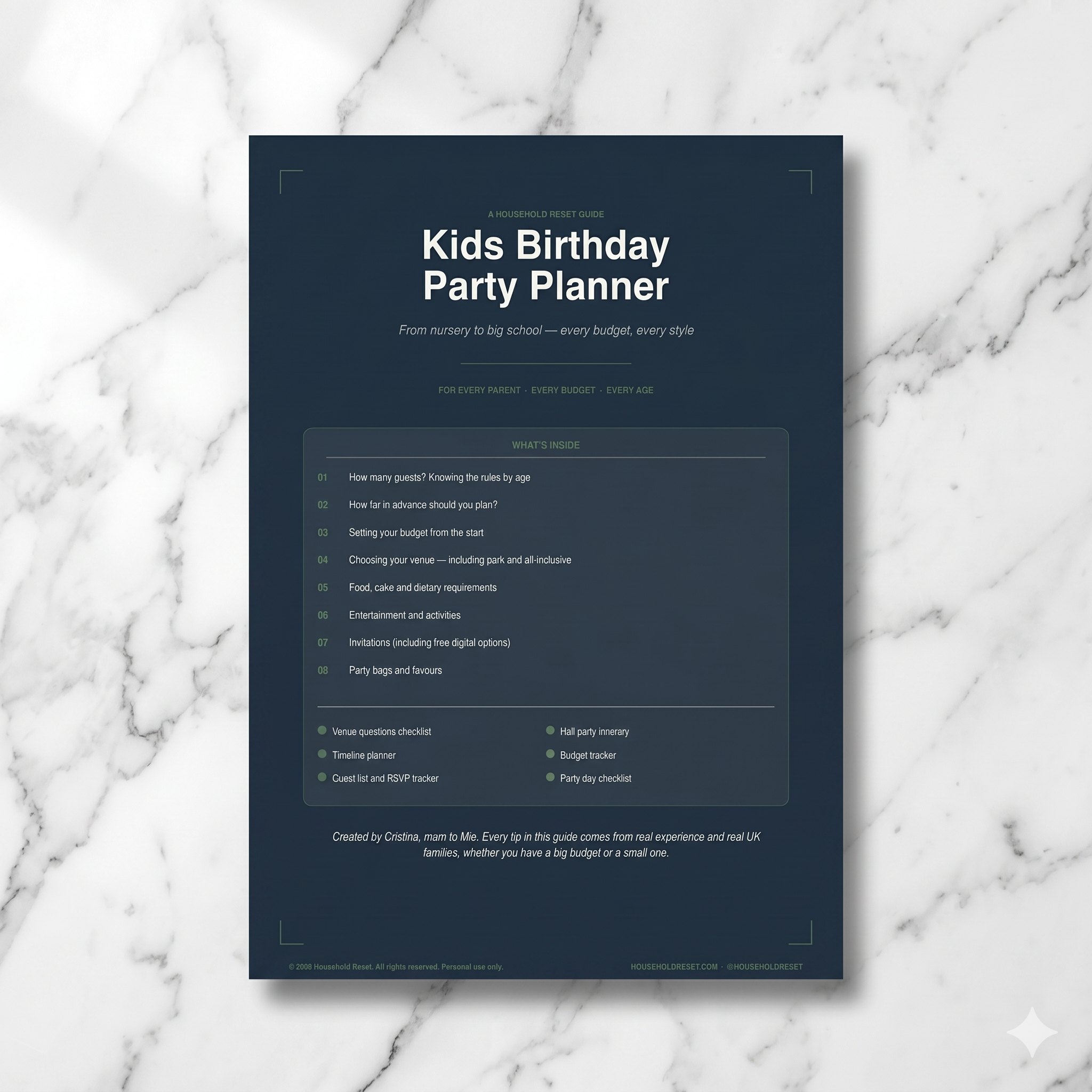 Kids Birthday Party Planner by Household Reset - cover page showing what is inside