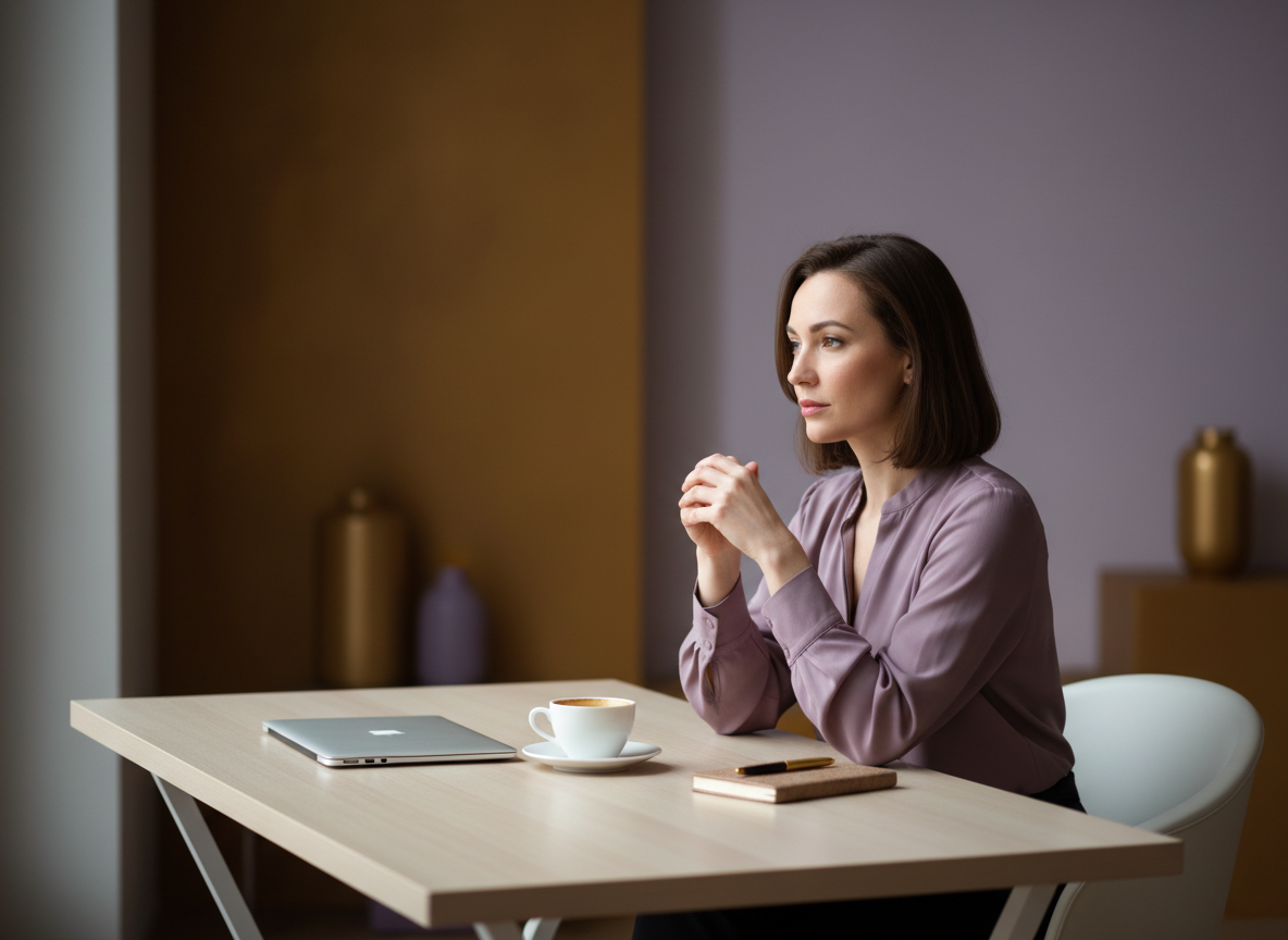 Founder sitting at a clean desk, contemplating growth strategy with calm focus