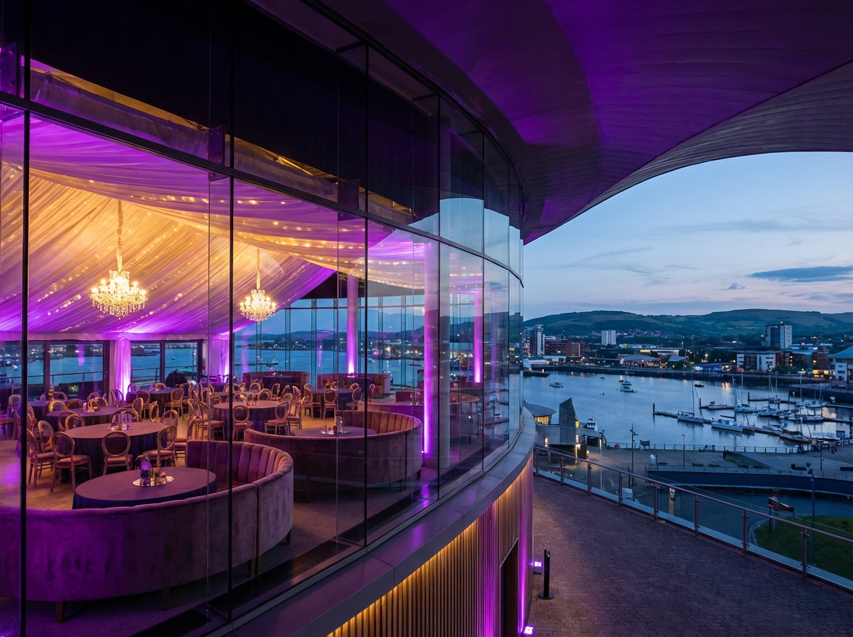 Event management Wales - stunning Welsh event venue with dramatic lighting