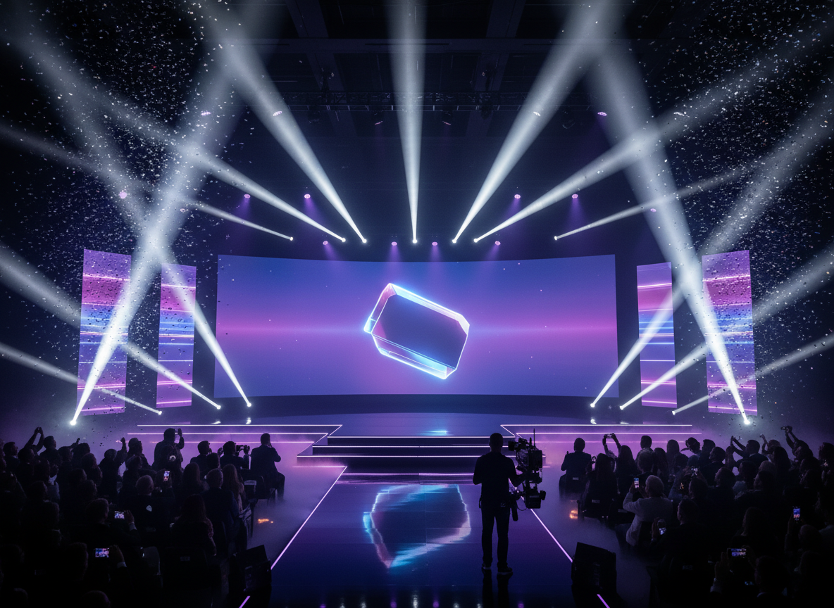 Dramatic product launch event on a modern stage with LED screens and professional lighting in the UK