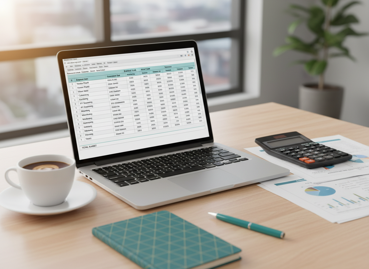 Event manager reviewing a corporate event budget spreadsheet with cost breakdowns, supplier invoices, and a calculator on a modern office desk