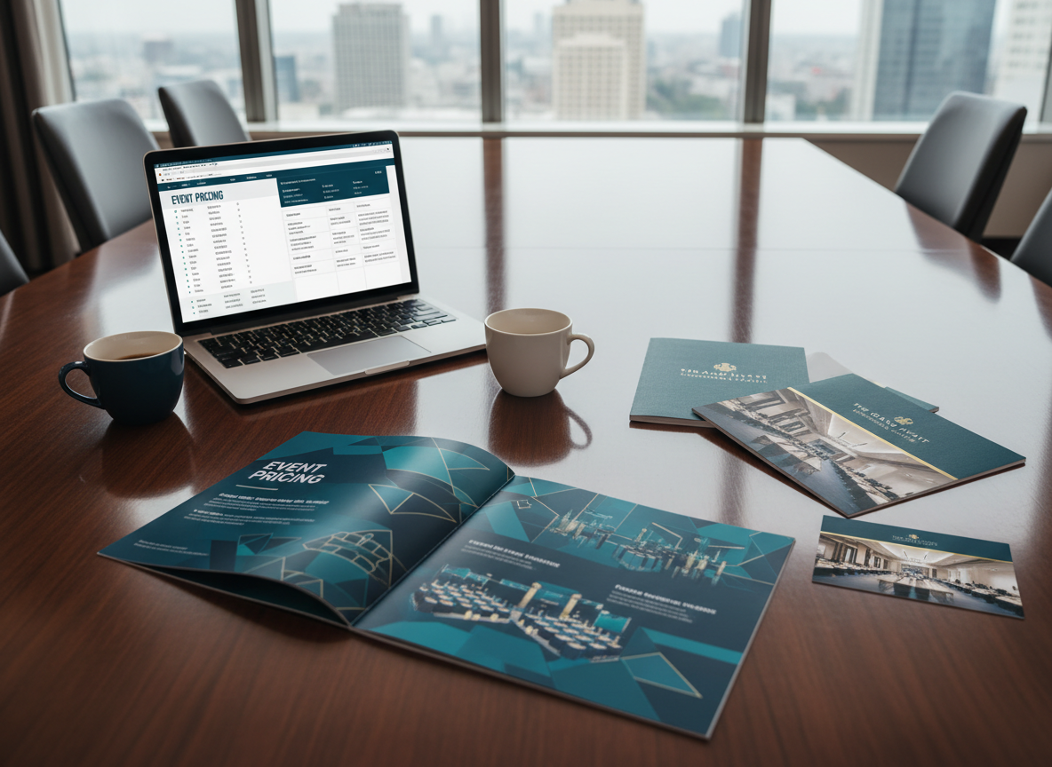 Corporate event package brochure on a polished boardroom table