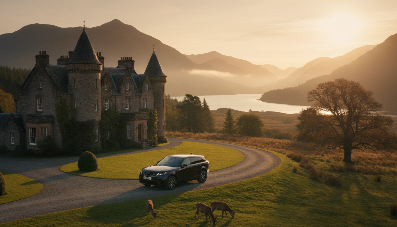 Luxury private Scottish Highland estate with a VIP vehicle at golden hour