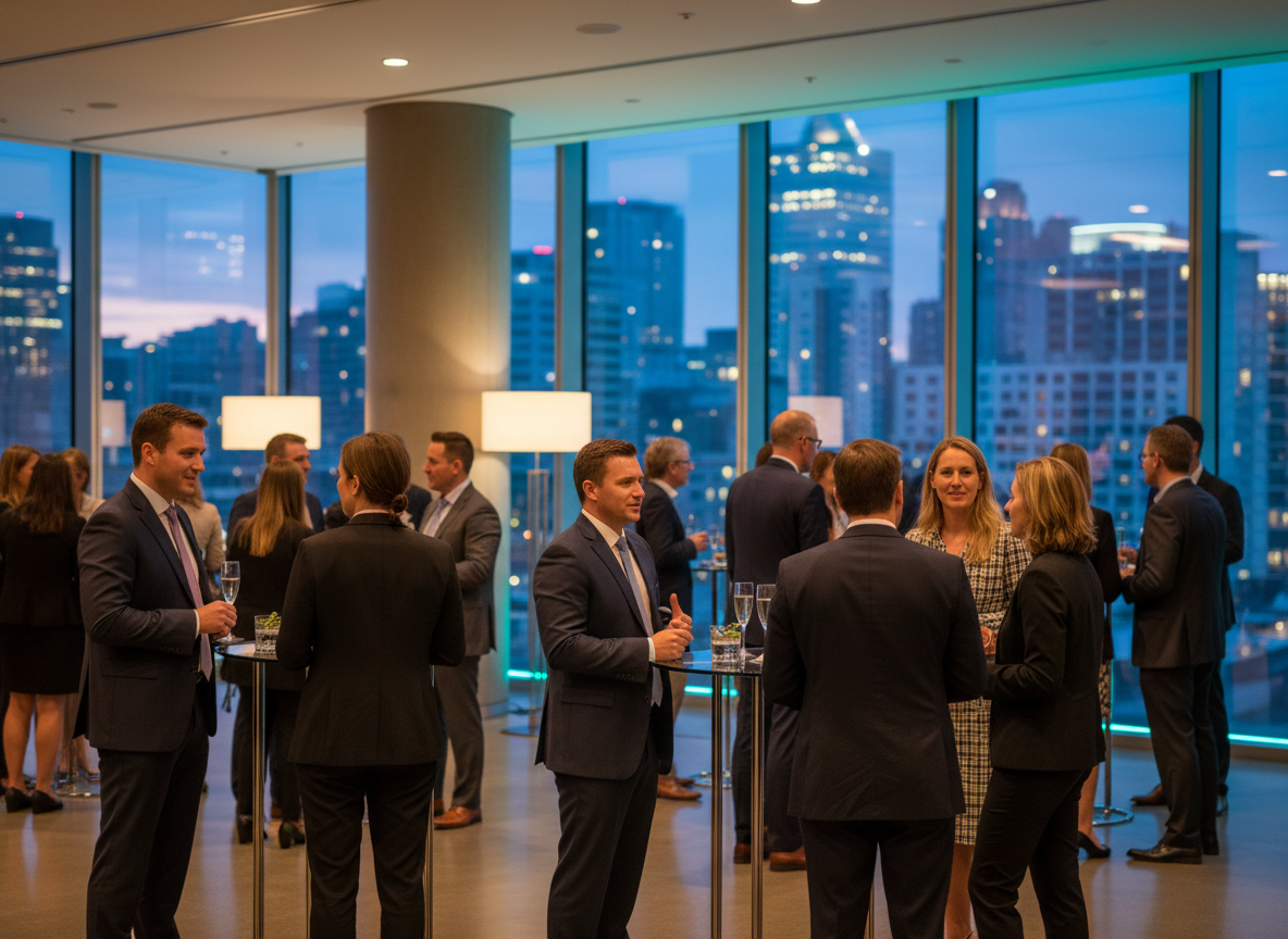 Professionals networking over drinks at a corporate event reception in a modern venue with ambient lighting