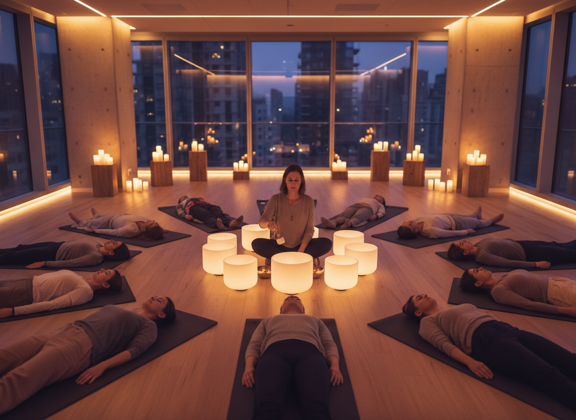 Corporate sound bath wellness session with employees lying on yoga mats while a facilitator plays Tibetan singing bowls in a serene ambient-lit venue, organised by Event Collection