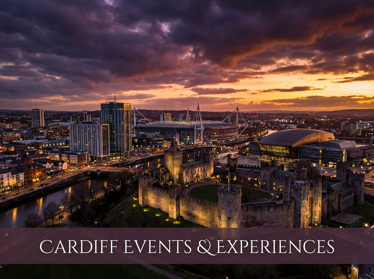 Cardiff Wales cityscape with Cardiff Castle at dusk