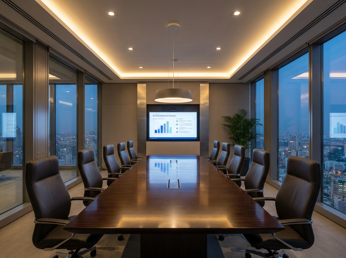 Modern corporate meeting room with boardroom table, presentation screen, and professional AV equipment