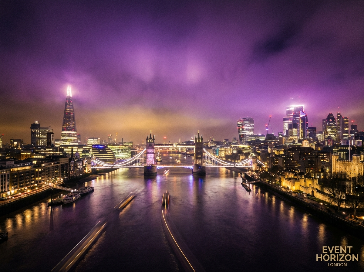 London skyline at night with Tower Bridge and the Thames for event management in England
