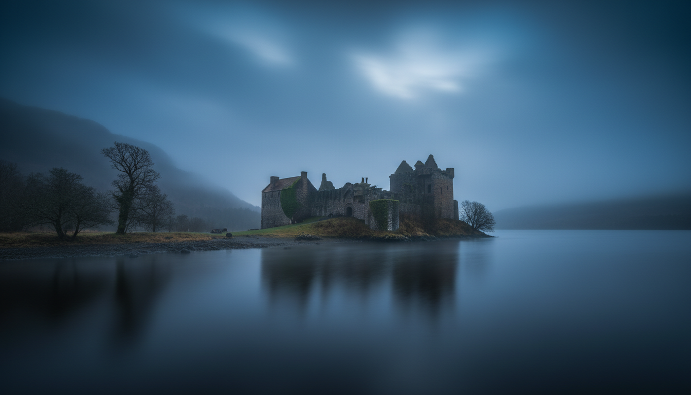 Loch Ness with Urquhart Castle on a misty morning