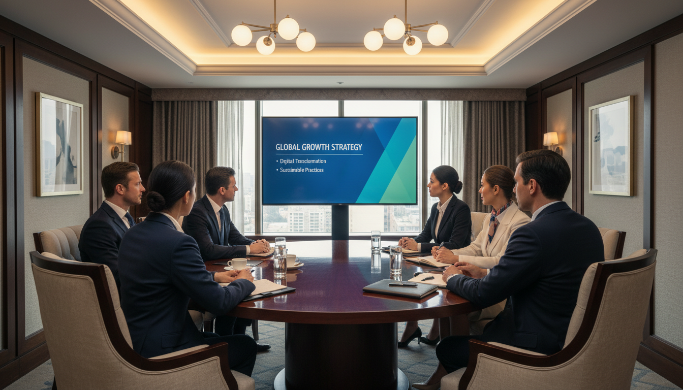 Corporate strategy day — team of professionals around a round table in a hotel meeting room looking at a presentation screen, facilitated by Event Collection UK