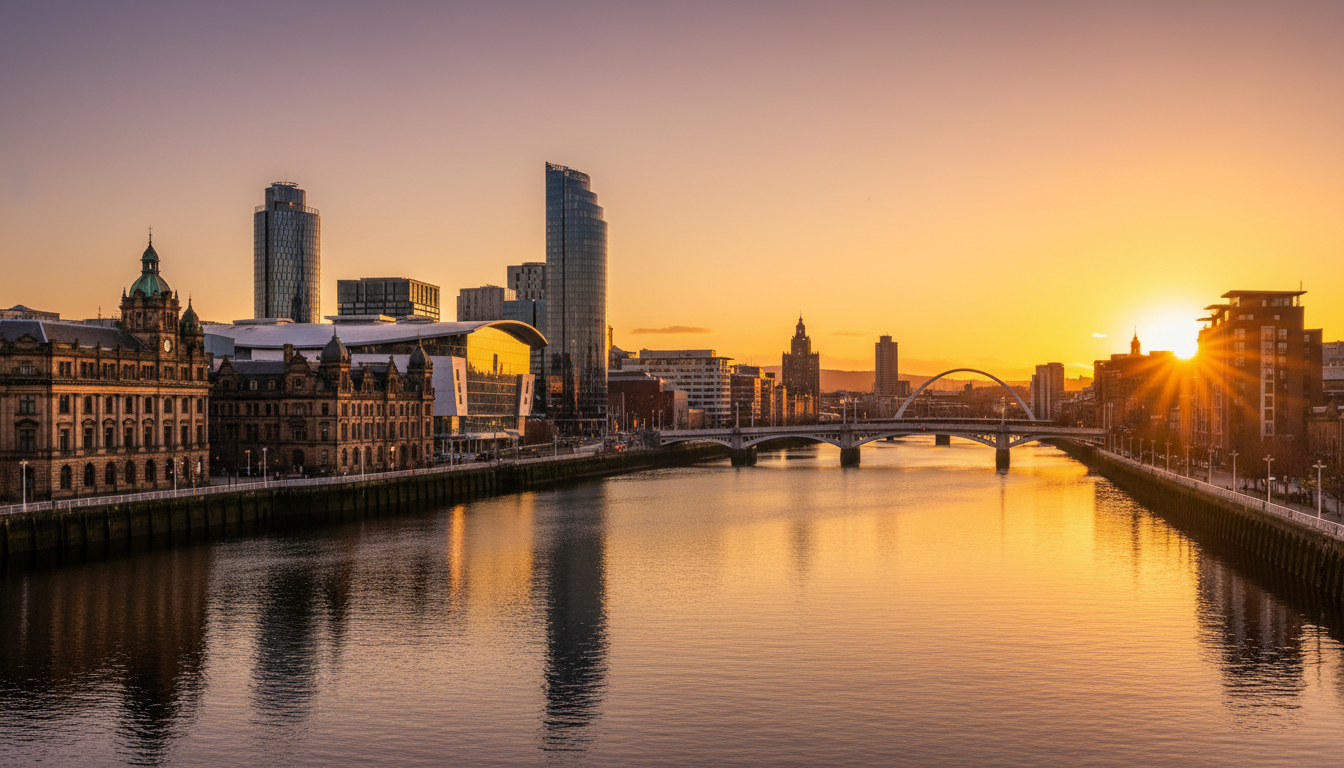 Glasgow city skyline at golden hour with the River Clyde and modern architecture