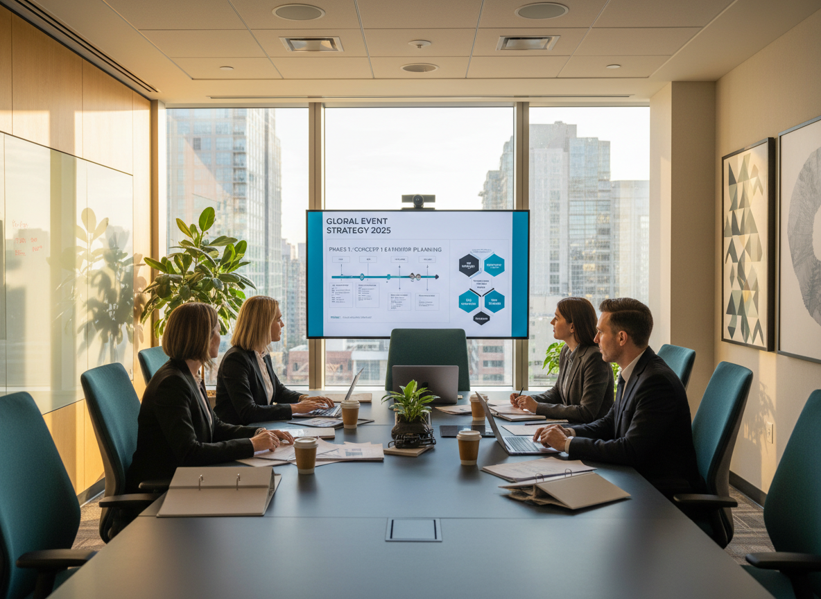 Event Clinic consultants reviewing event strategy documents and supplier contracts around a boardroom table