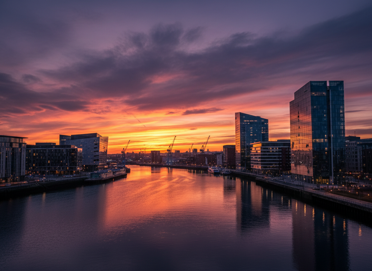 Belfast city skyline at dusk with the Titanic Quarter and River Lagan waterfront