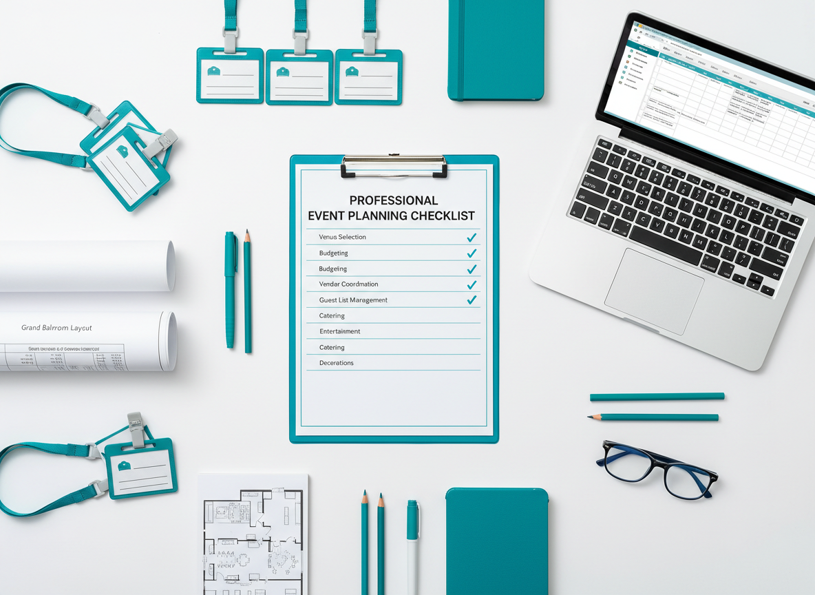 Organised desk with corporate event planning documents, timeline spreadsheets, venue brochures, and a laptop showing a project management tool