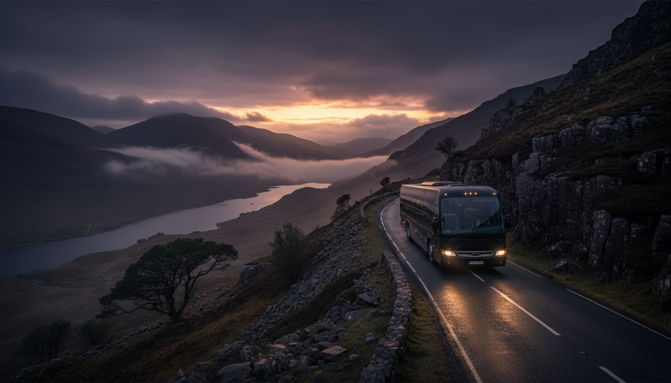 Luxury executive coach on a dramatic Scottish Highland road at dusk
