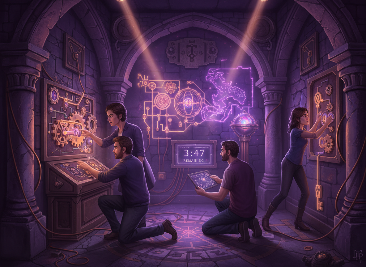 Inside the Puzzle Zone team building event with teams navigating themed puzzle zones